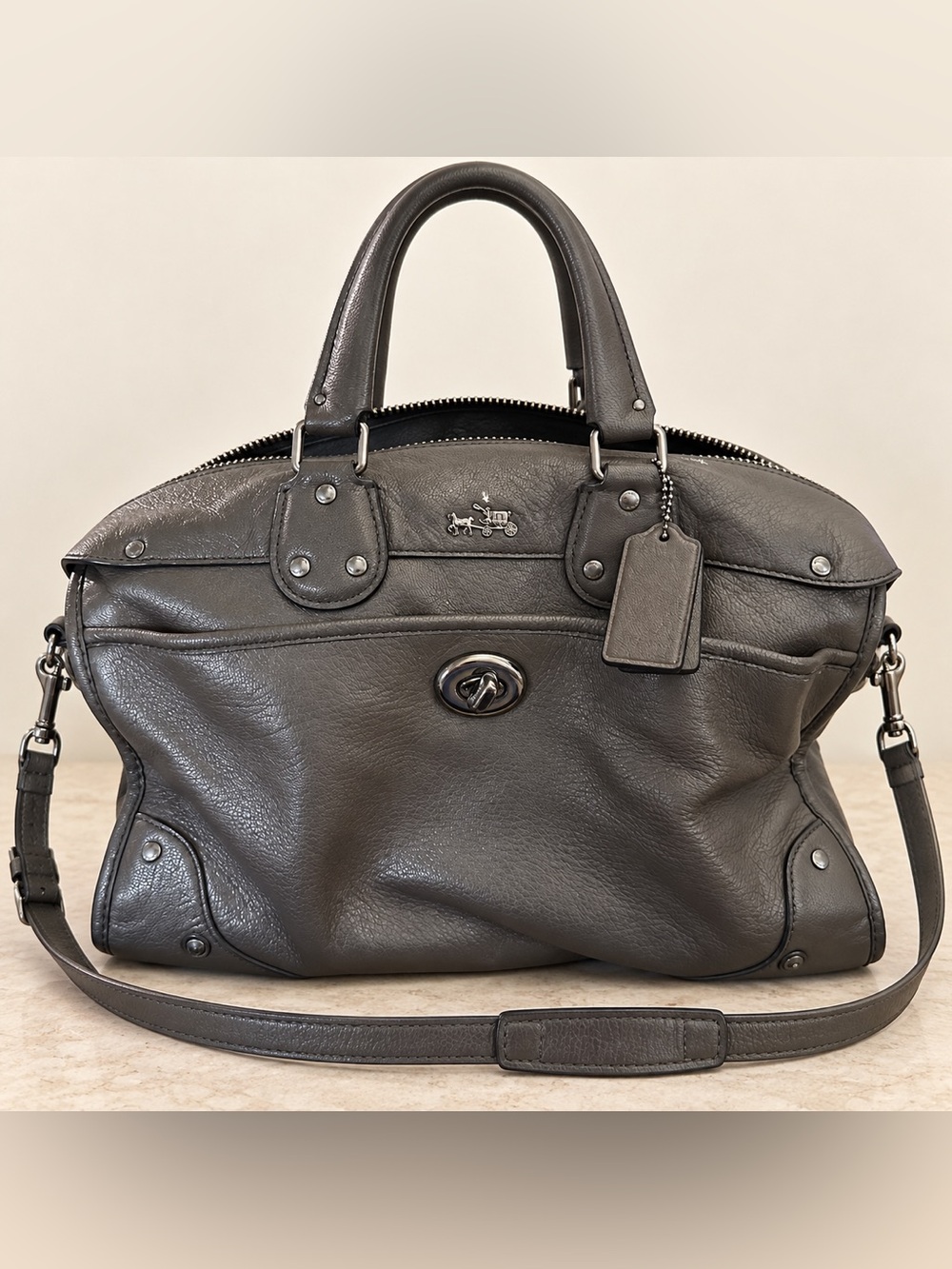 Coach Charcoal Gray Leather Messenger Satchel with Turnlock Accent